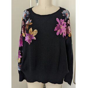 BCBGMAXAZRIA Black Sweater Sequin Floral Applique Size S